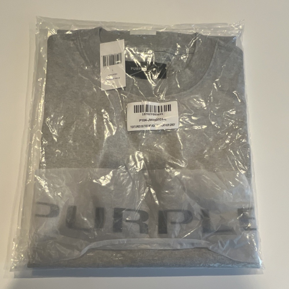 Purple Brand Textured SS Tee Wordmark Heather Grey Logo Short Sleeve Crew Neck L
